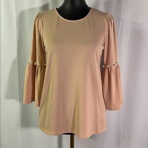 Adrianna Papell Blush Pink Pearl Embellished Bell Sleeve Round Neck Blouse